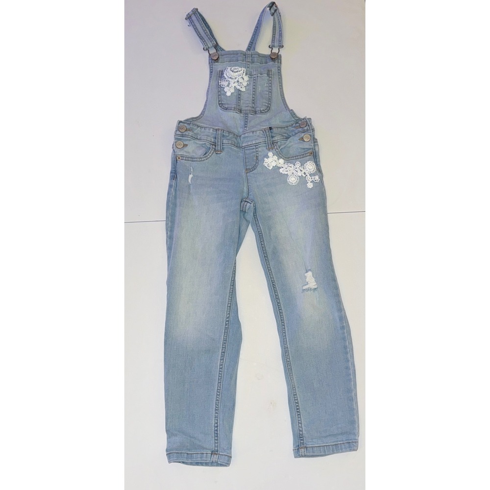 Justice‎ Overalls Girls Size 7 Light Blue Denim Lace Floral Distressed Stretch